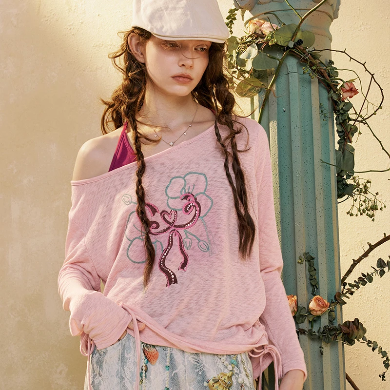 ELFSACK Women's Long Sleeve Knitwear with Floral Bow Print, Side Drawstring Layered Knit Top for Autumn, Casual Sweet Pullover