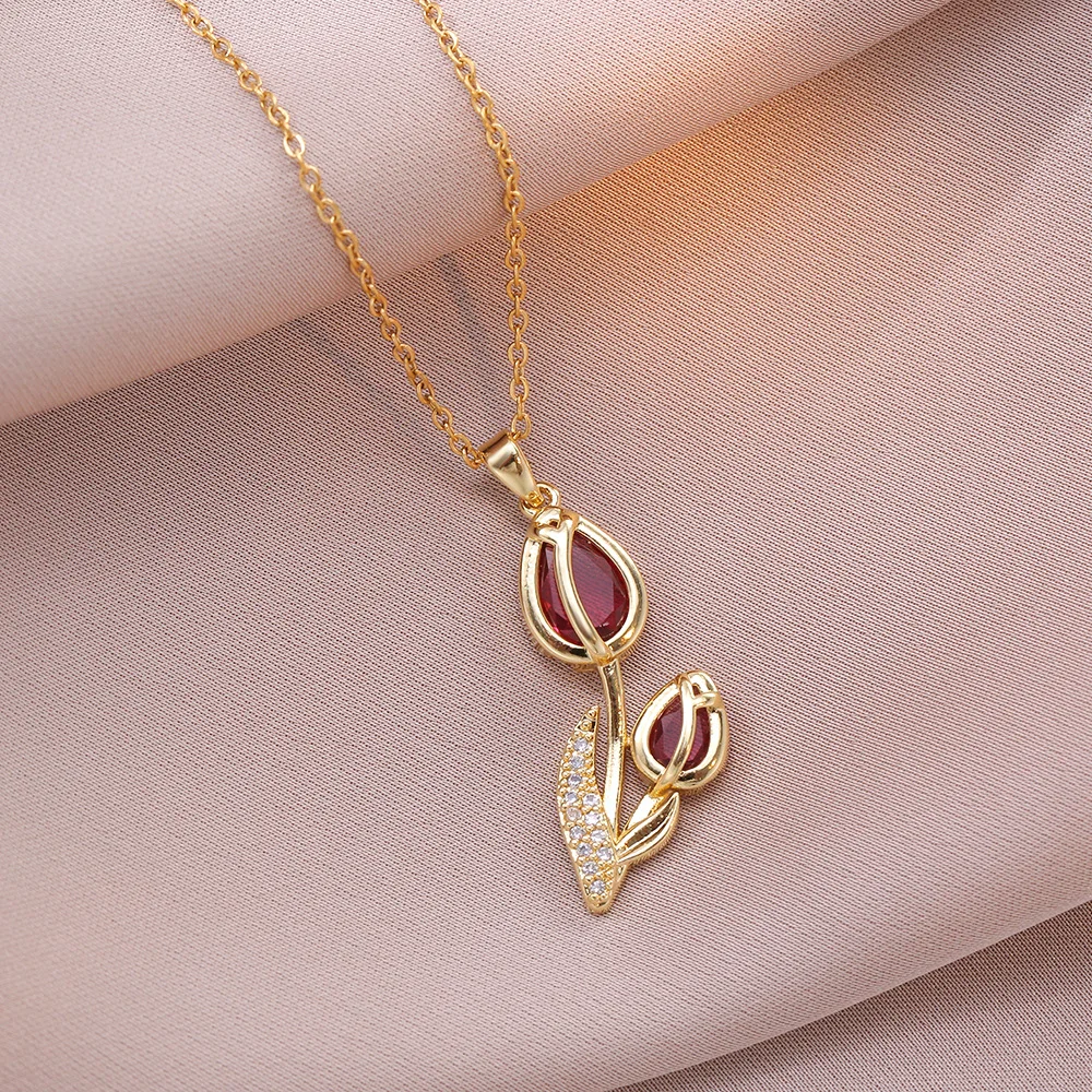 Elegant Enamel Tulip Flower Pendant Necklace for Women Girl Green Leaf Necklace Choker Party Jewelry Gift