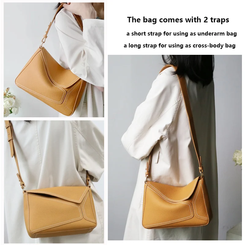 2023 New Women Bag Soft Cowhide Real Leather Flap Underarm Shoulder Bag Lady Fashion Geometry Design Crossbody Messenger Handbag