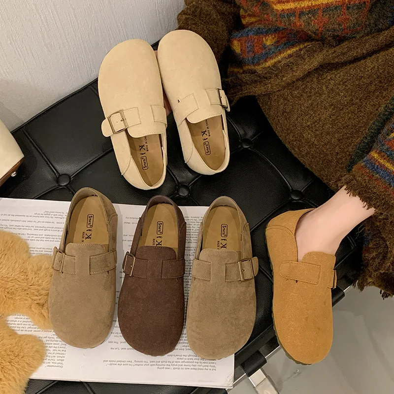 

Mossy Cowhide Slip-On Birk-style Shoes Soft Bottom Dual-Wear Spring Autumn round Toe Rubber Outsole Wear-Resistant Fashionabl...