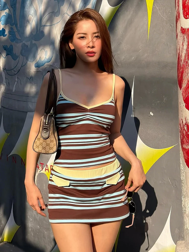 

Kliou Striped Patchwork 2 Piece Set Women Summer Trend Low-Neck Camisole+Elastic Waist Mini Skirt Casual Fashion Style Outfits