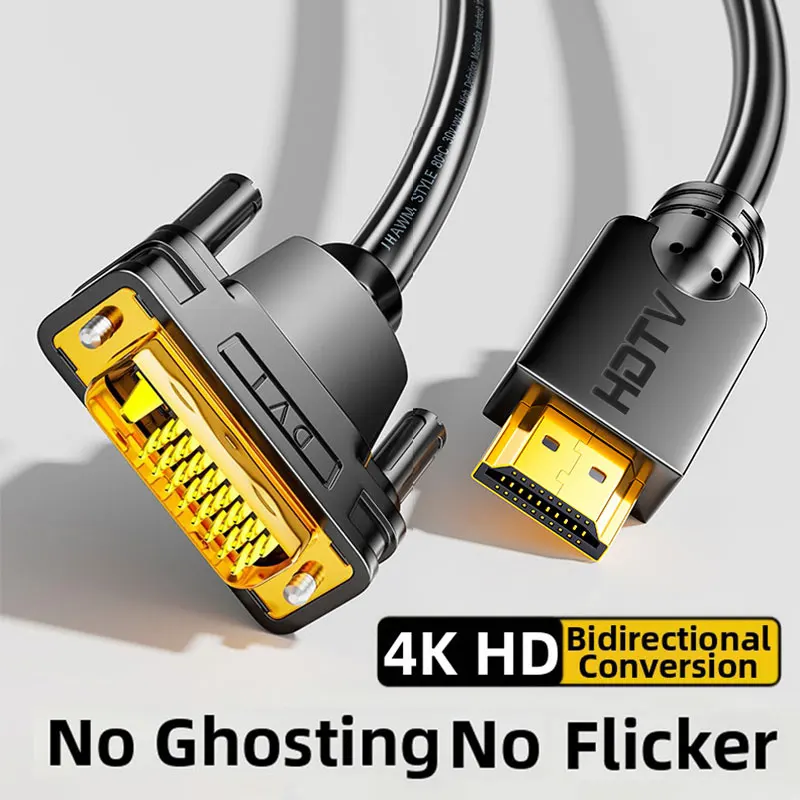 JH-LINK 4K HDMI To DVI Cable Bidirectional,Gold-Plated High Speed HDMI DVI Adapter Cord No Flicker for Monitor, TV, Laptop, GPU