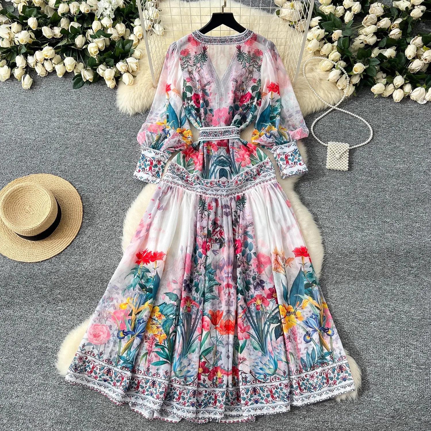 2025 Spring Summer Gorgeous Floral Print Chiffon Boho Dress Women V Neck Single Breasted Lace Up Belt Long Party Robe Clothing