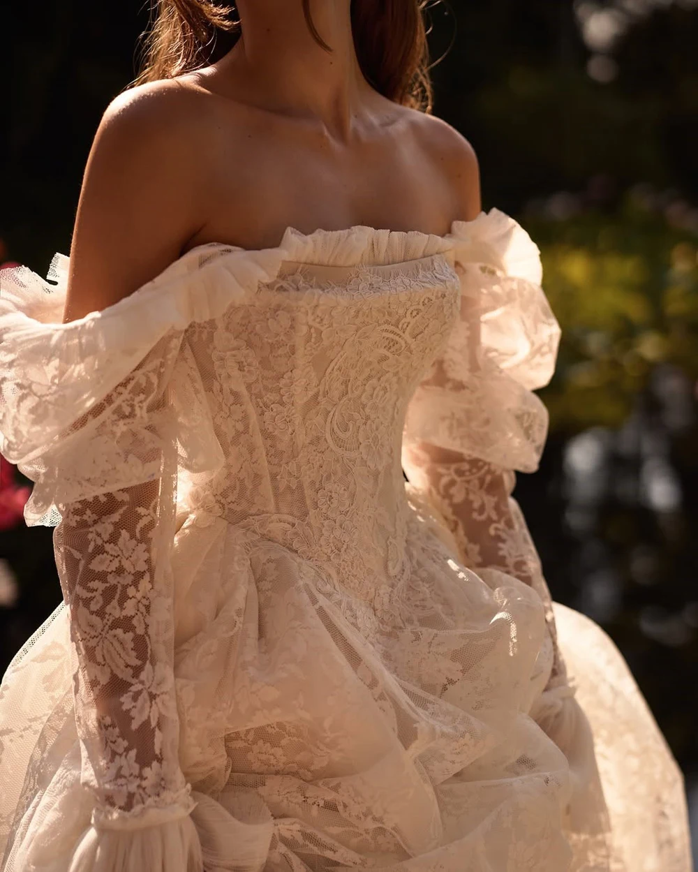 Off Shoulder Lace Wedding Dresses Elegant Puff Sleeve Ruffles Bridal Ball Gown Romantic Formal Party Vestido De Noiva Customized image 5