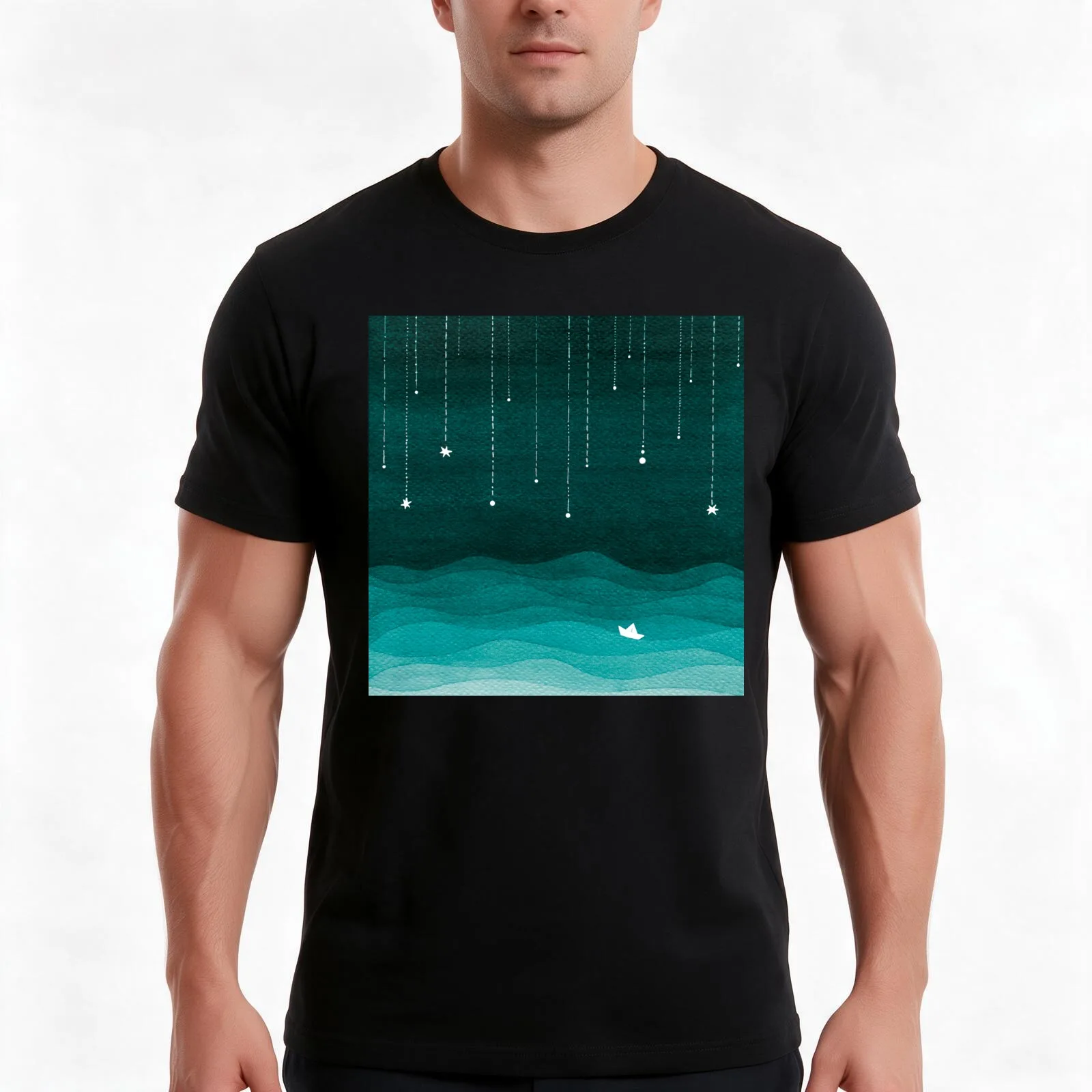 Falling stars, teal T-Shirt, Summer Casual Cotton Tee, Oversized Streetwear Tops, Vintage Graphic Print, Loose Fit Short Sleeve