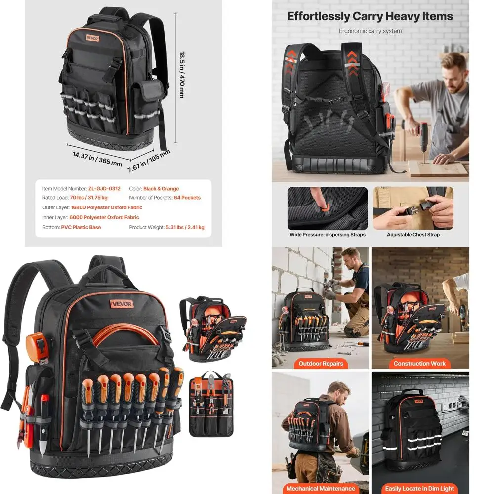 

Durable 64-Pocket Tool Backpack with Laptop Section and Molded Base for Electricians, Repairers, and HVAC Technicians