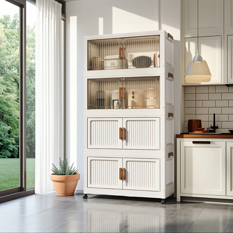 Armario de almacenamiento plegable de 4/5/6 niveles, caja de almacenamiento de cocina de colores mixtos, caja blanca lechosa y asa marrón, con imán.