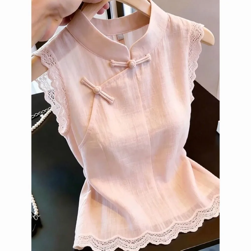 Pink Stand Collar Retro Button Wave Lace Hem Sleeveless Versatile Top Summer 2026 Women's Fashion Polyester Fiber Breathable