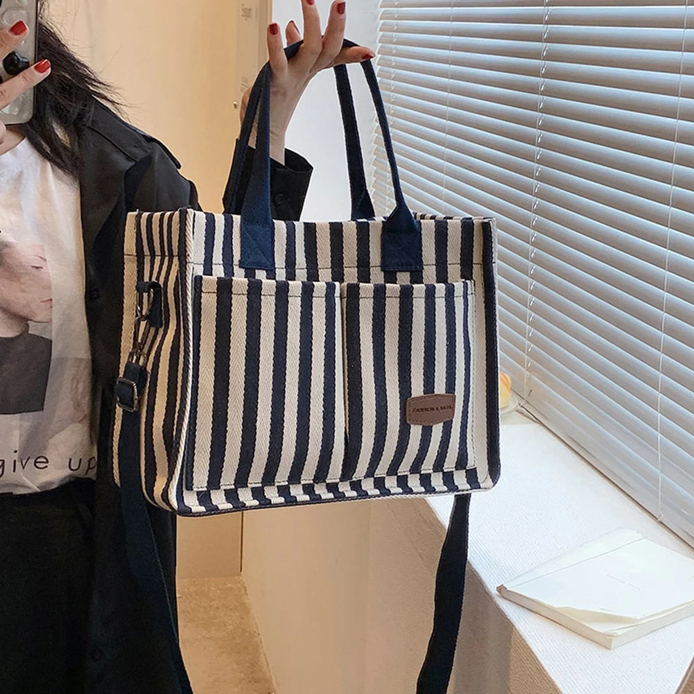 Women Striped Tote Bag Trendy Carrying Bag Large Capacity Canvas Fashion Shoulder Bag Adjustable Strap Daily Sling Bag