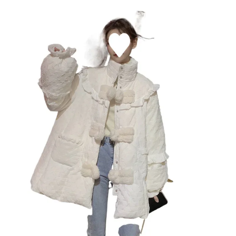 Parka chaude épaisse blanche pour femme, ample, manches longues, col montant, boutons cachés, manteau d'hiver, vestes en coton à volants