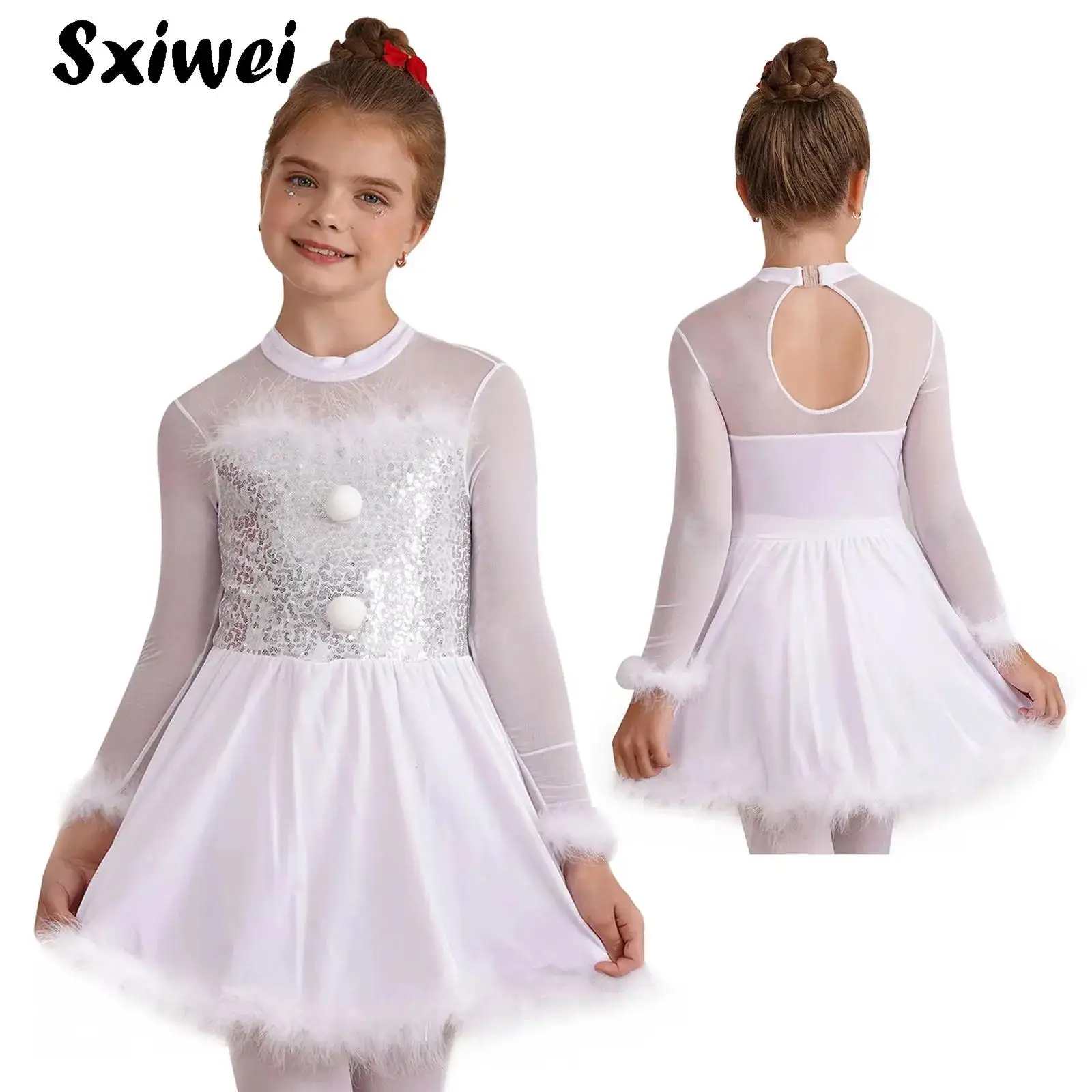 

White Snow-Man Christmas Dance Costume Girls Long Sleeve Sequin Figure Ice Skating Leotard Santa Claus Ballet Tutu Dance Dress