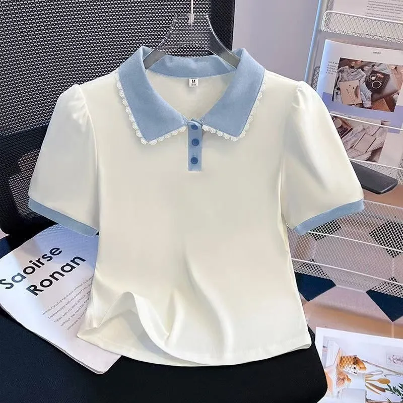 Women Summer Tee Peter Pan Collar Short Sleeve T Shirt Summer New Design Korean Fashion Casual Female Top Blouse Clothing