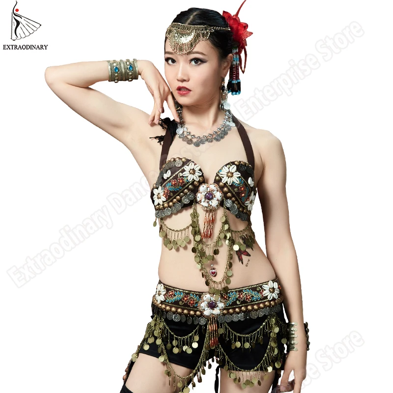 Tribal Costumes Vintage Women Belly dance Bra Belt pants Set Tribal Gypsy Hip Scarf Handmade Coin Stage Performance