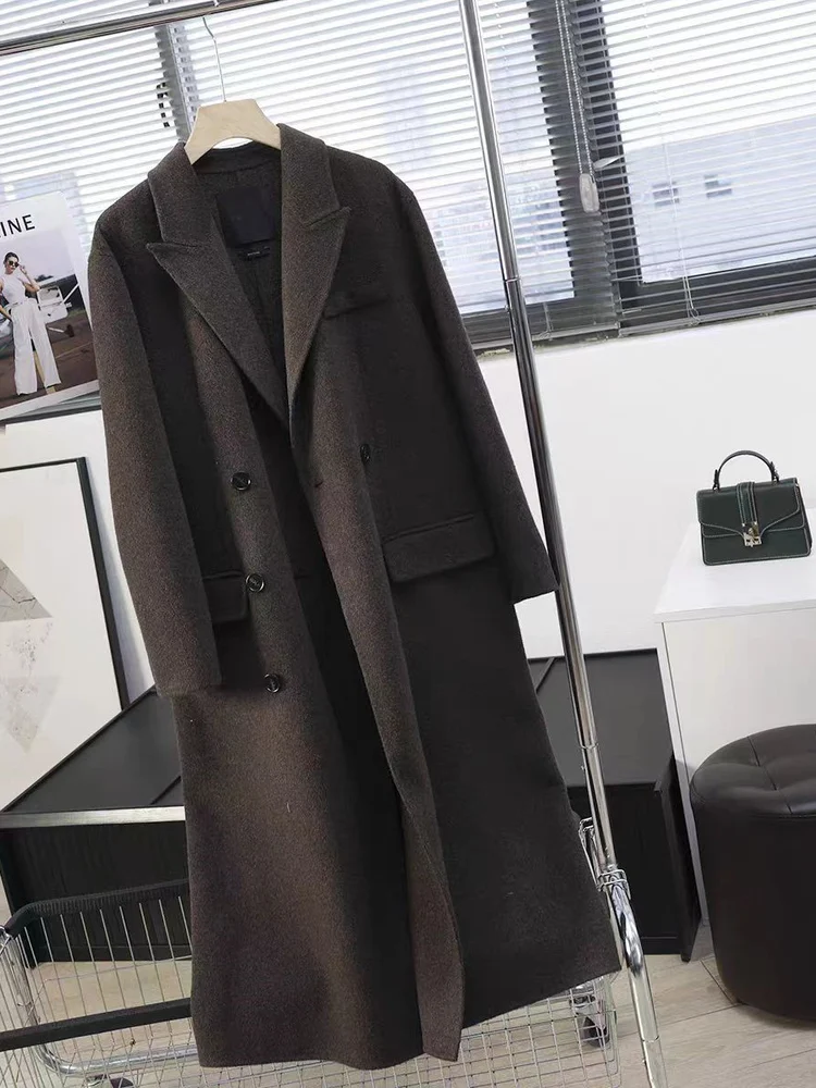 Casaco de Lã Dupla Face de Tweed com Botões Duplos para Mulheres, Moda Casual, Luxo Discreto