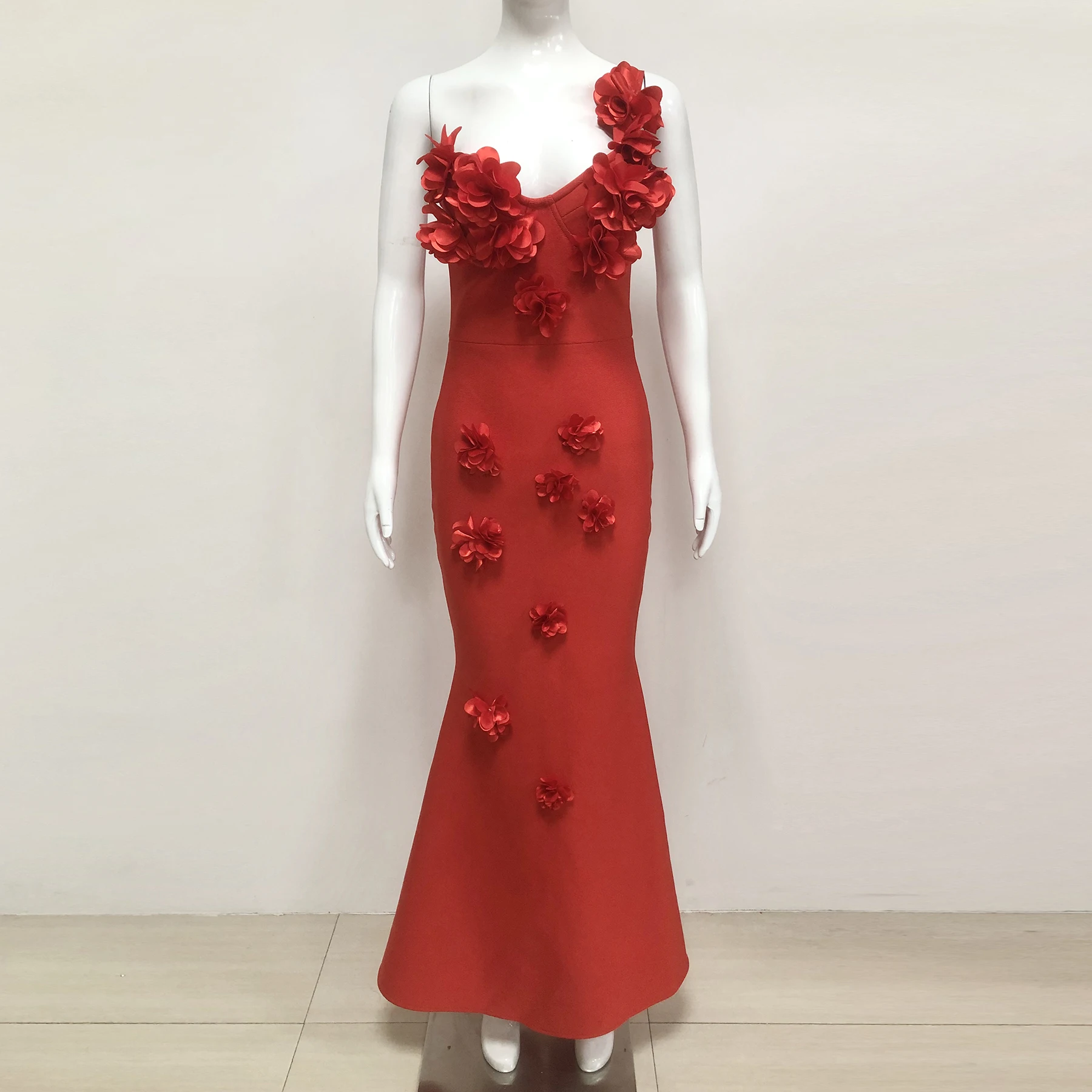 

Women Red Elegant Strapless Appliques V Neck A Line Long Elastic Bandage Dress One Piece Birthday Celebrity Evening Party Gowns