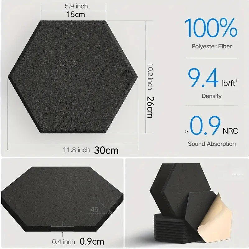 6 PCS HexagonalSelf-adhesive Acoustic Panels Sound Proof Foam Panels Y-Lined Design to Absorb Noise Eliminate Echoes Black