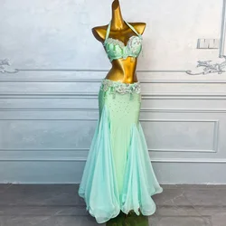 BellyDance Costume Set for Women Luxury Rhinestones Bra+Sexy Split Long Skirt 2pcs Oriental Belly Dancing Performance Outfit