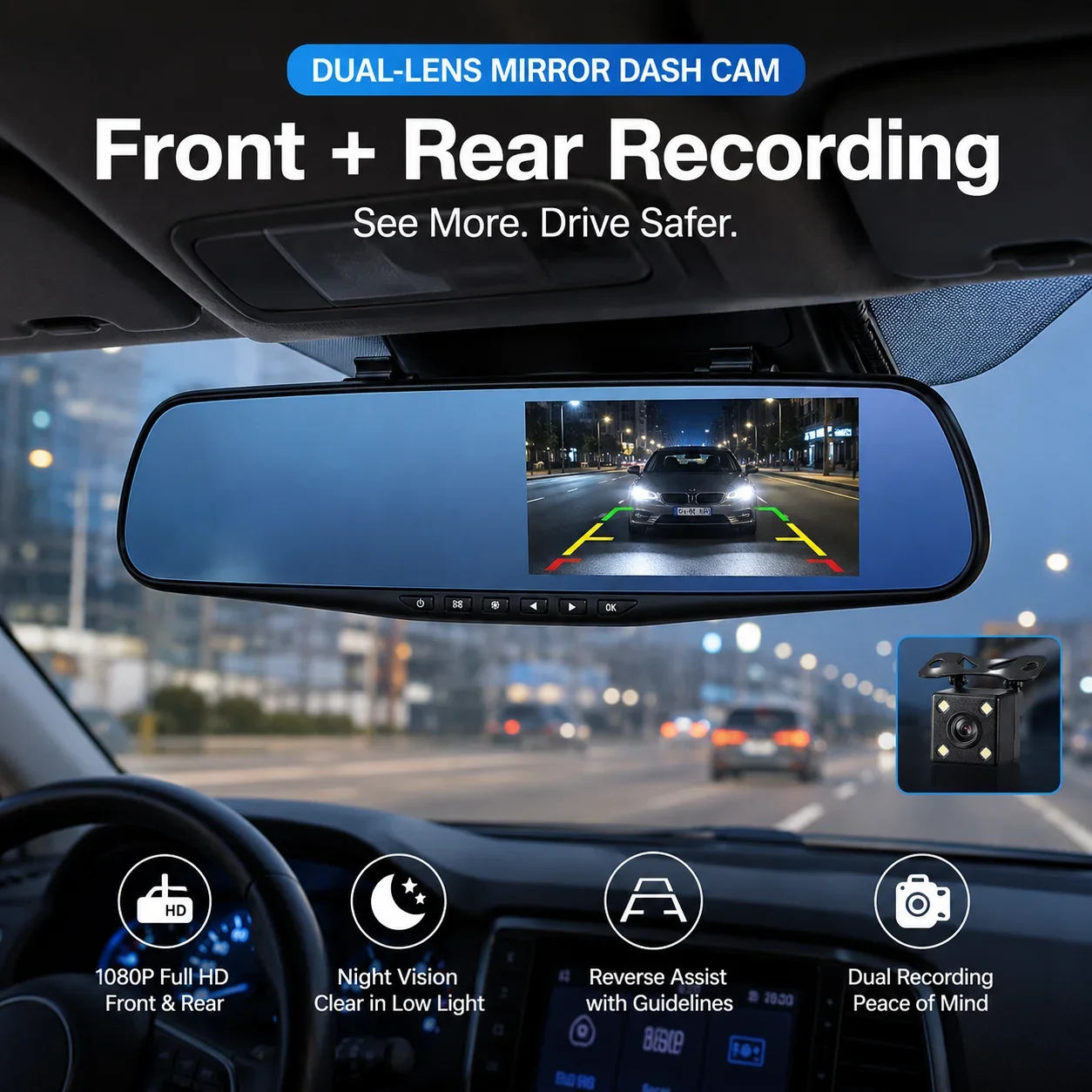 4.3 Inch Mirror Dash Cam Single Dual Lens Option 1080P Front Rear Recording Car DVR Night Vision Reverse Backup Camera