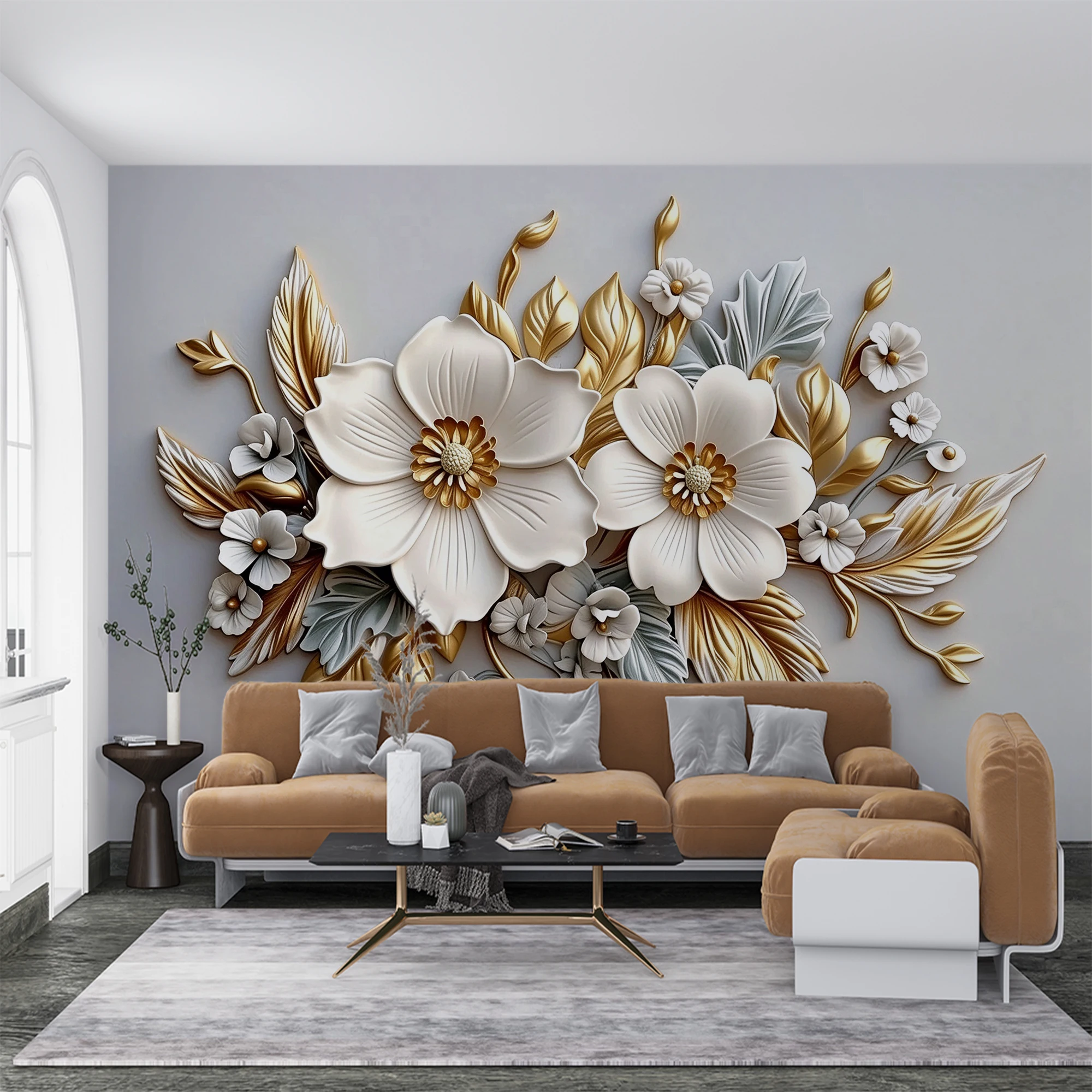 Custom 3D Relief White Gold Floral Mural Embossed Sculpture Wallpaper Luxury Flower Wall Mural for Living Room Home Decor