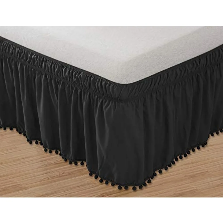

Top-Knot Tassle Pompom Fringe Ruffle Skirt Around Style Elastic Bed Wrap- Wrinkle Resistant 16 inch Drop