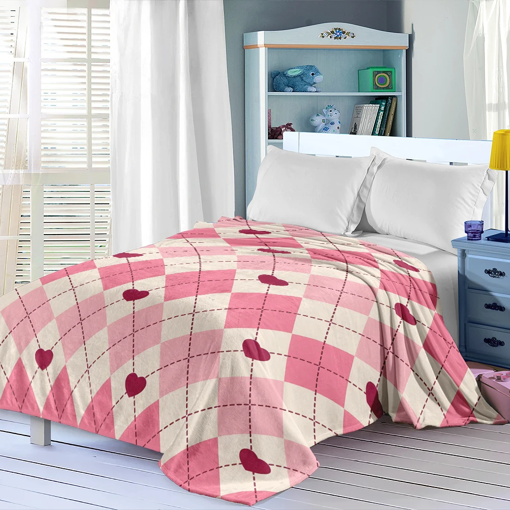 Blush Argyle Red Hearts Flannel Blanket Soft Cozy Throw Blanket for Bed Sofa Couch Fuzzy Plush Bed Cover