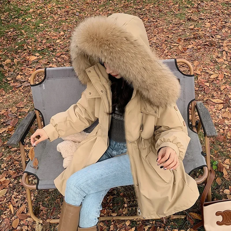 Parka longue matelassurera pour femme avec doublure en laine, veste à capuche, col en fourrure, optique chaude, vêtements de neige, hiver, nouveau,