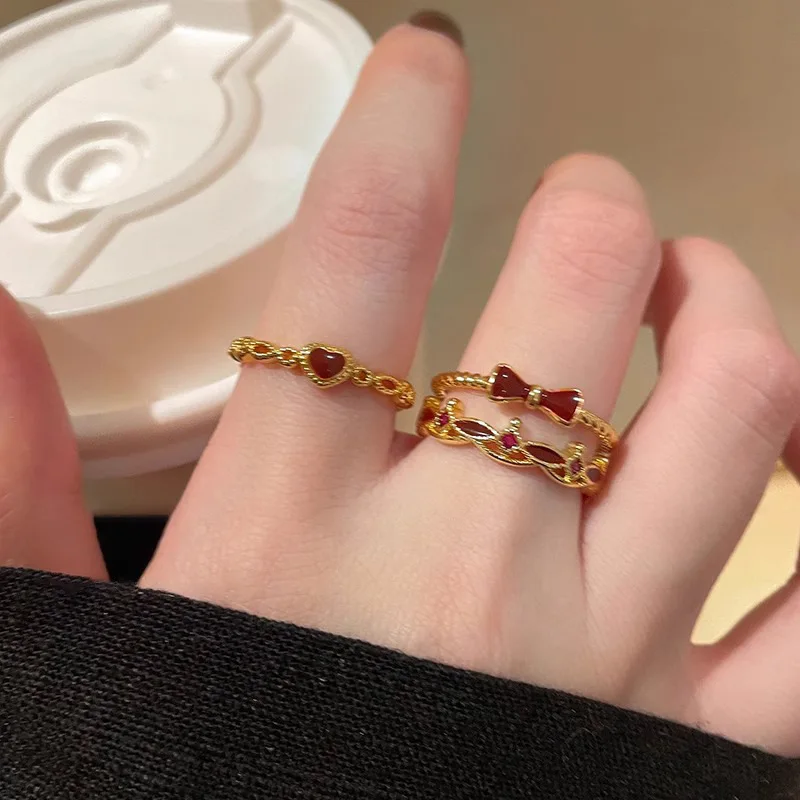 Ring Bow Heart Enamel Premium Stackable Index Finger Open Adjustable Lightweight Gold Tone Alloy Chic Decor Jewelry Women