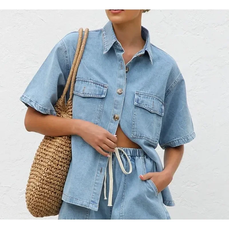

European and American 2025 Spring/Summer New Collection Retro Casual Loose Pocket Short Sleeved Shirt Shorts Denim Set for Women
