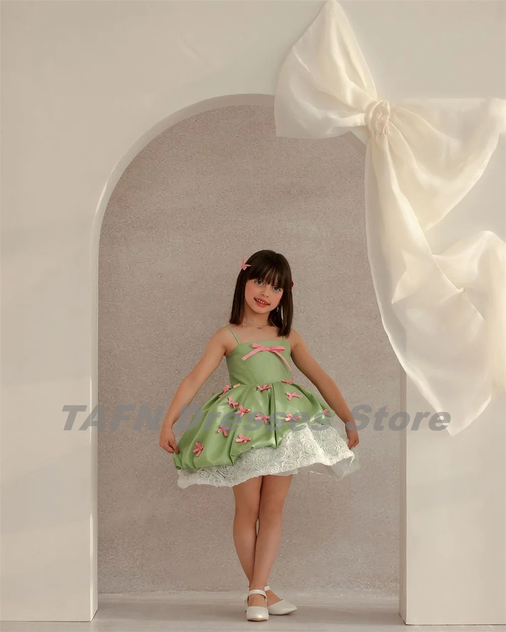 TAFN A-line Girl Evening Dresses Spaghetti Straps Bow Floral vestidos para niñas Mint Green Children Party Mini Ball Gown