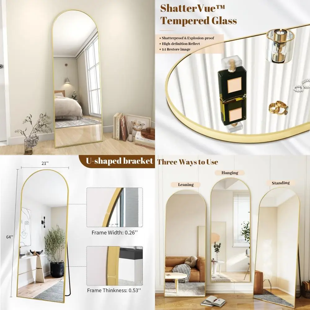 

Arched Gold Full Length Mirror, 64x21 Inches, Standing or Hanging, Aluminum Alloy Frame, Leaning Full Body Mirror for Home Decor