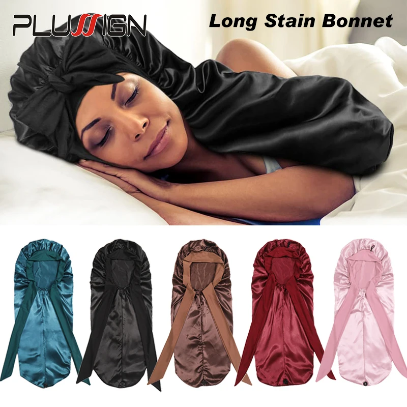 Bowknot Satin Bonnet Solid Color Long Hair Bonnet With Elastic Tie Band Jumbo Size Comfortable Sleep Night Cap For Women 1Pcs