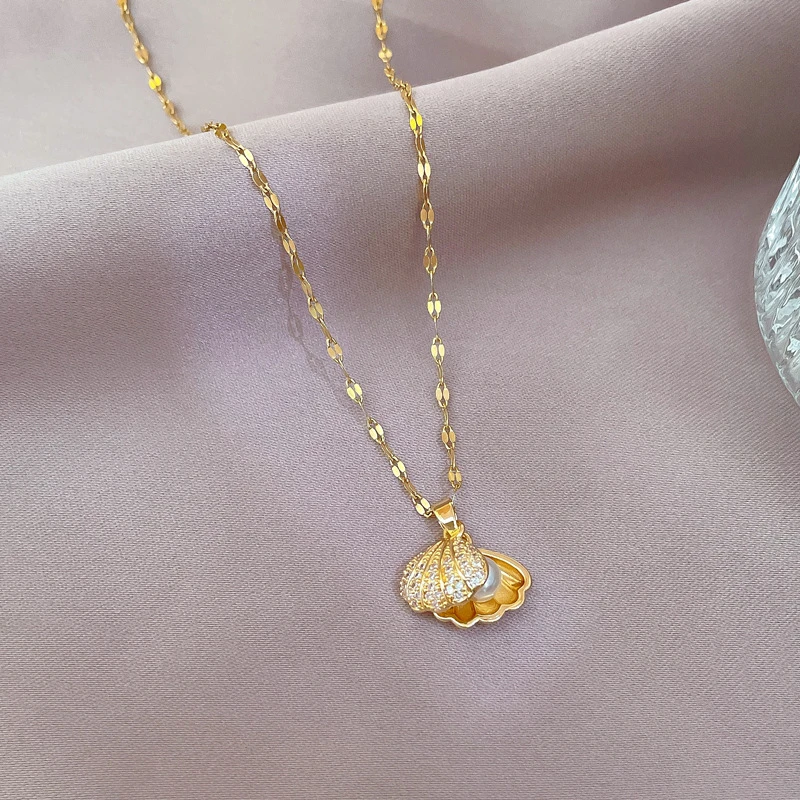 New Korean Openable Shell Pearl Necklace for Women Micro Inlaid Rhinestone Copper Pendant Clavicle Chain Wedding Party Jewelry