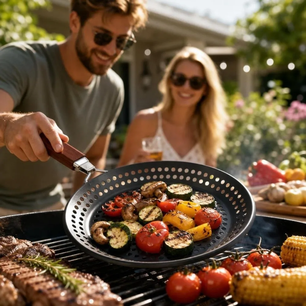 Folding Non Stick Grilling Skillet Round Hollow BBQ Grilling Pan Heat Resistant Wooden Handle Outdoor Grill Topper