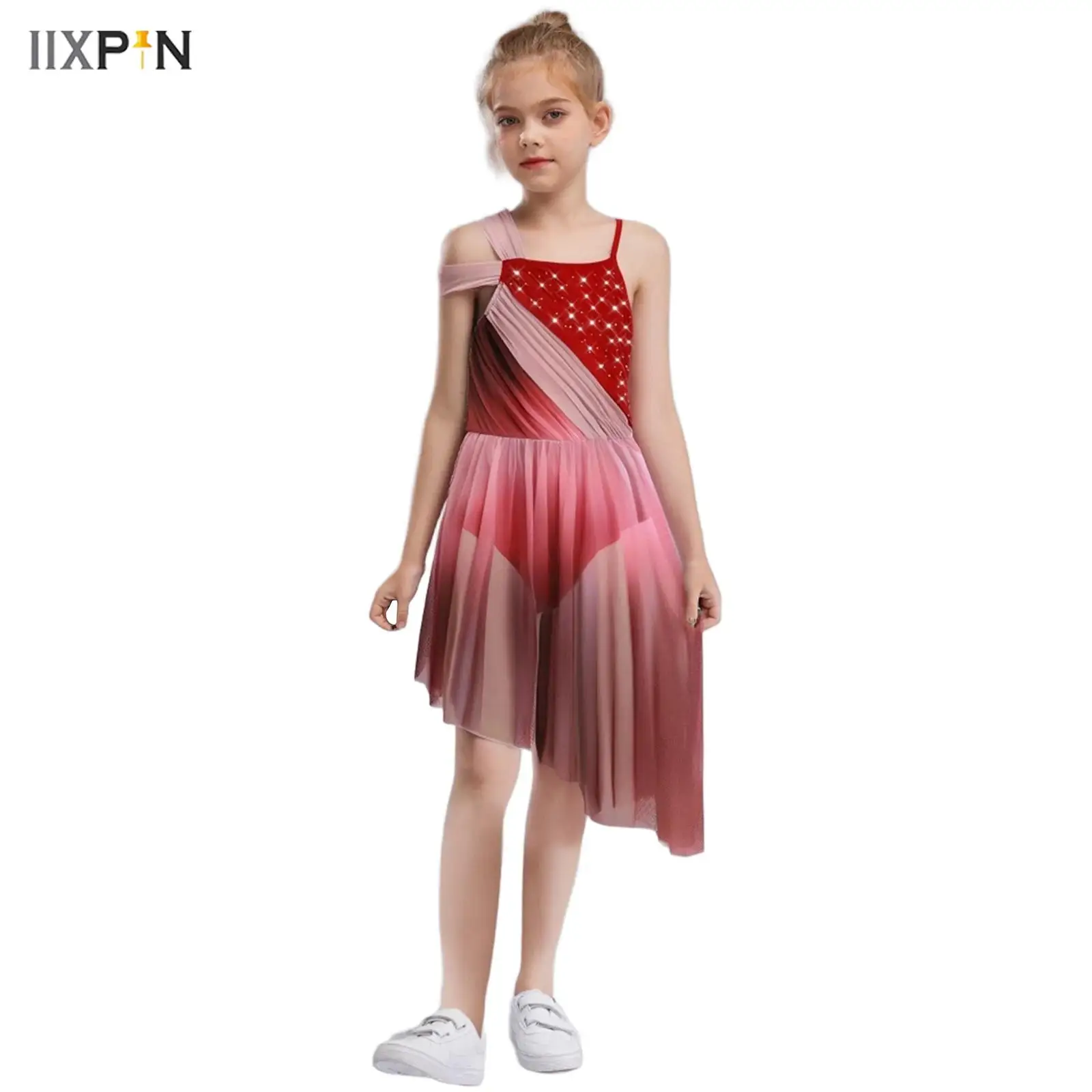

Kids Girls Gradient Asymmetrical Lyrical Dance Dresses Shiny Rhinestones Sheer Mesh Dress for Figure Skating Modern Dancewear