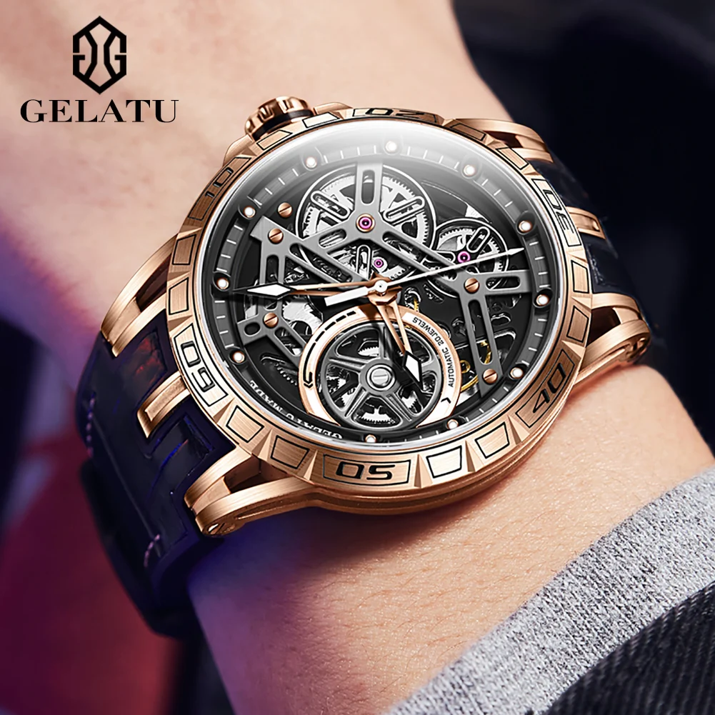 GELATU 6015 Fashion Business Hollow Mechanical Watch For Men Waterproof Luminous Hand Clock Sapphire Mirror Man Automatic Watch