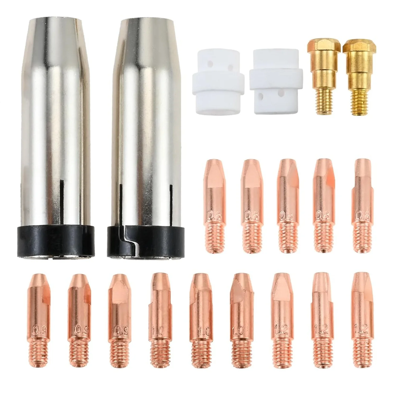 

20 шт. M6 MIG MB24KD комплект сварочной горелки, контактные насадки 0,8/0,9/1,0/1,2 мм, держатель-диффузор, газовые насадки, керамические шунтирующие детали