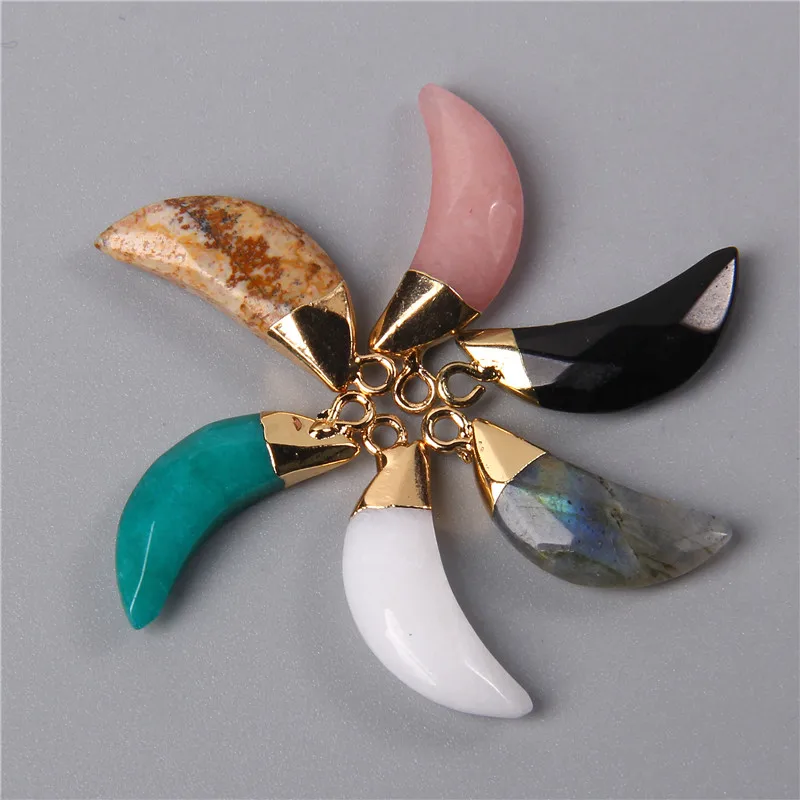 10x27mm 2pcs Fashion Natural Labradorite Quartz Stone Pendant Moon Tooth Pendants Charm Making Healing Necklaces Earring Jewelry