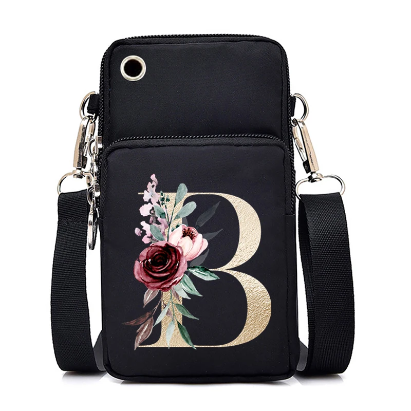 Gold Color Letters A B C D Mini Mobile Phone Bag Pink Flower Alphabet Vertical Handbag 26 Initials Flower Woman Purse Handbags