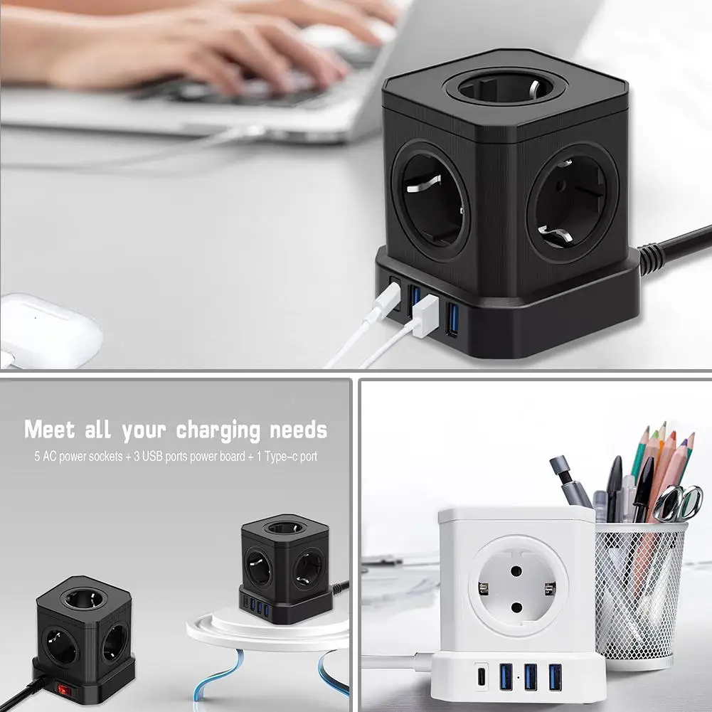 Multifunctional Power Strip Cube With USB European Standard Plug-in 5-socket And 3-USB Ports Smart Charging Portable Power Strip