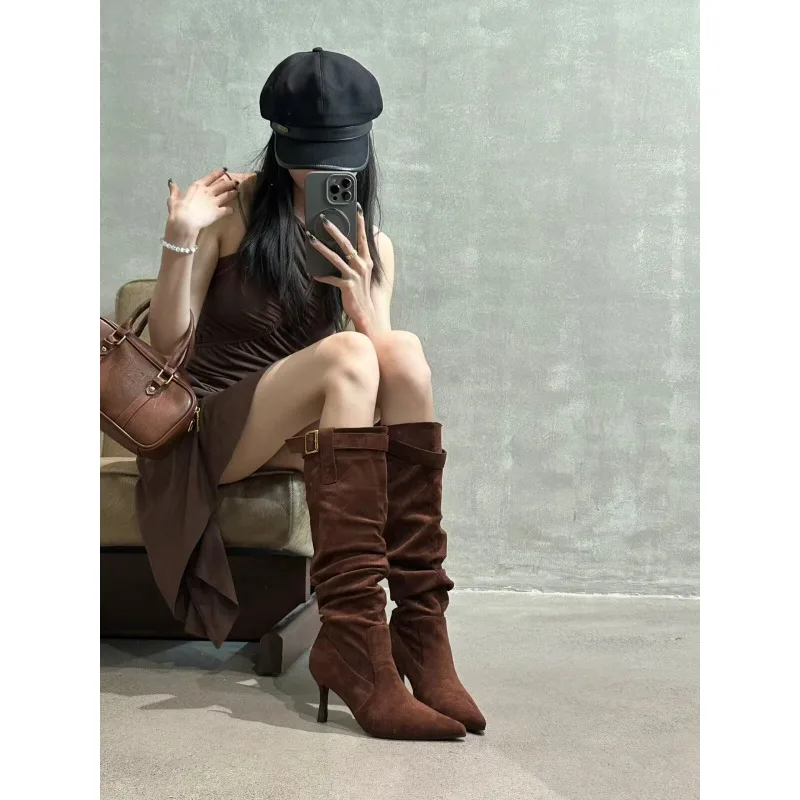 Long Tube-shaped Pointed Boots with Pleated Cuffs, Knee-length, Thin Heel, Knight Boots