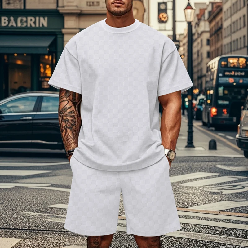 2024 New Man Summer Jacquard PJlaid Short Sleeve T-shirt Fashion Sports Set Breathable T-shirt + Shorts Sports Two-piece Set