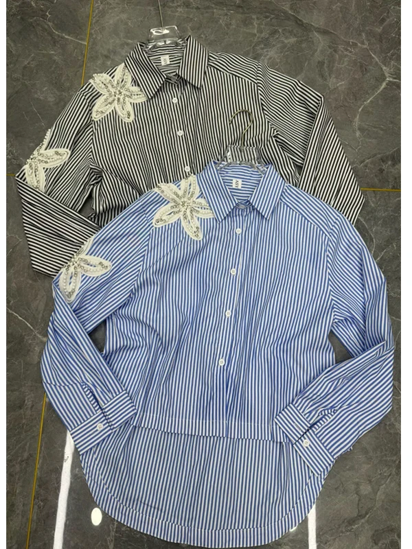 

Синяя полосатая женская рубашка-блузка весна 2026, свободная, стройнящая, многослойная, длинная, для ношения под одеждой, в корейском стиле, для повседневной носки, с пуговицами