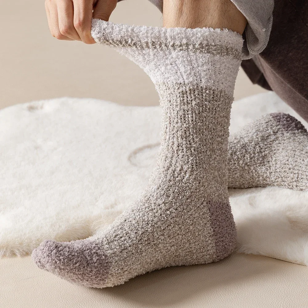 남성 코랄 플리스 두꺼운 겨울 양말, 중간 튜브 수면 바닥 모피 양말, 보온, 아늑한 푹신한 따뜻한 양말, 소년 양말, 3 쌍