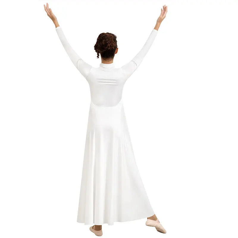 Women Praise Dance Dress Loose Fit Full Length Long Sleeve Worship Liturgical Costume with Free Cropping and Folding High Neck