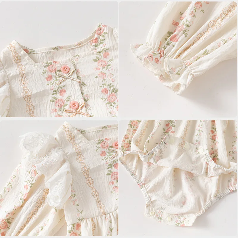 Baby Rompers Spring and Autumn Long Sleeved Floral Countryside Style Sweet Beautiful Girl Children Jumpsuit