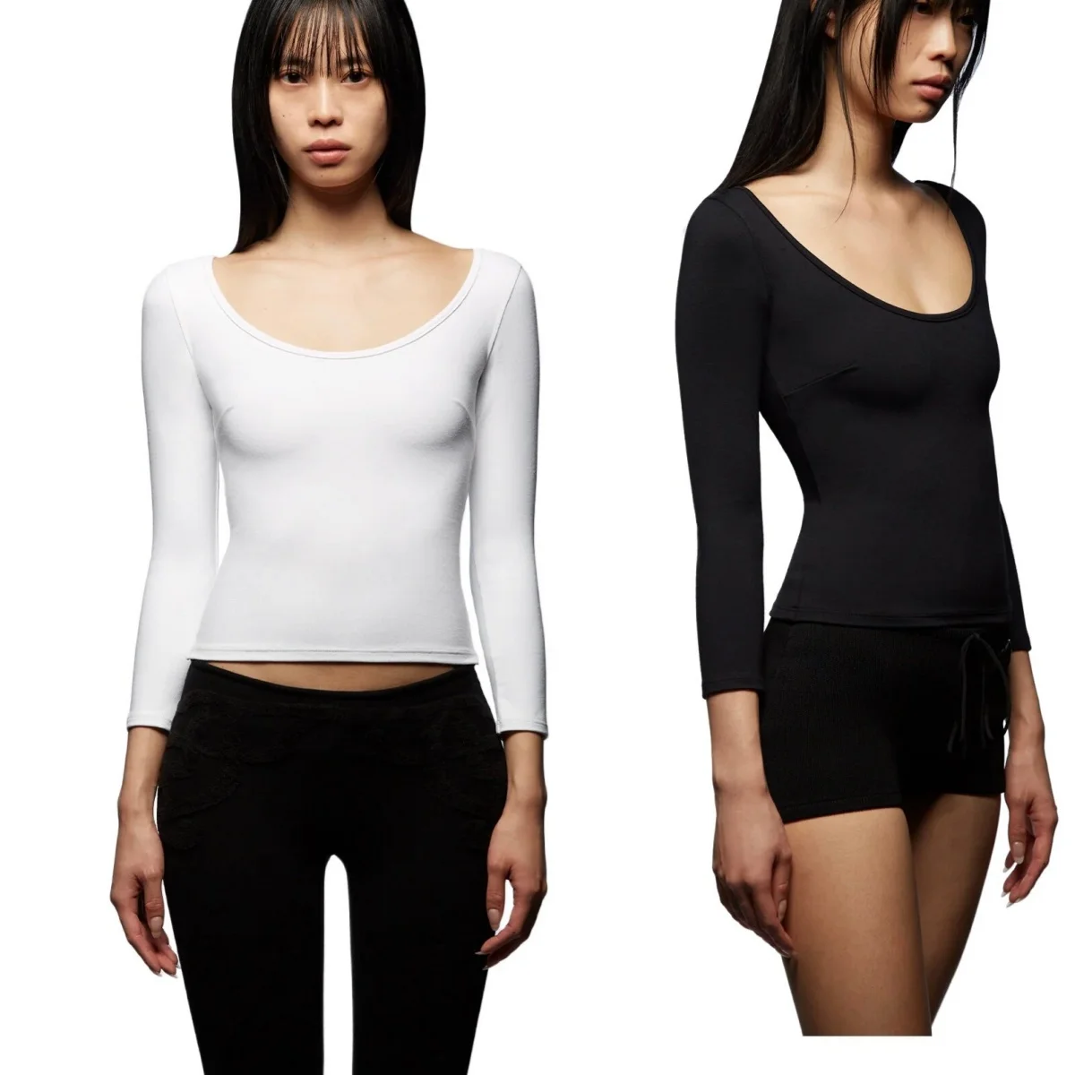Tank U-Neck Long-Sleeve Base Shirt, Slim-Fit Low-Neck Tight-Fitting Inner Wear, Slimming Long-Sleeve Top, Slimming Low-Neck Long-Sleeve, Versatile Low-Neck Waist-Cinching T-Shirt, Large Neckline Tight-Fitting Base Shirt