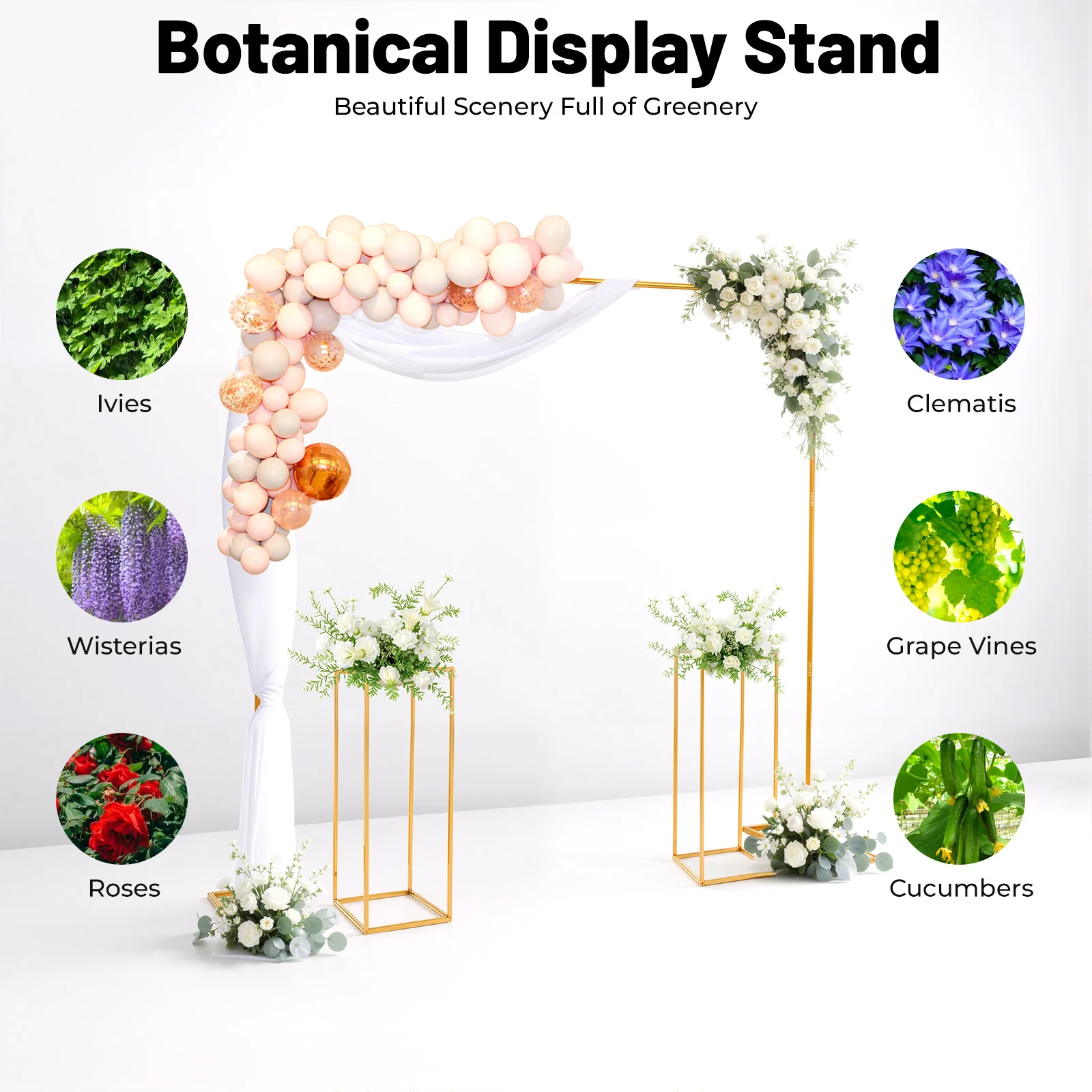 

Комплект золотой подставки для свадебного фона с аркой из воздушных шаров длиной 6,56 футов и 2 подставками для цветов для вечеринки, дня рождения, фонового декора для фотобудки