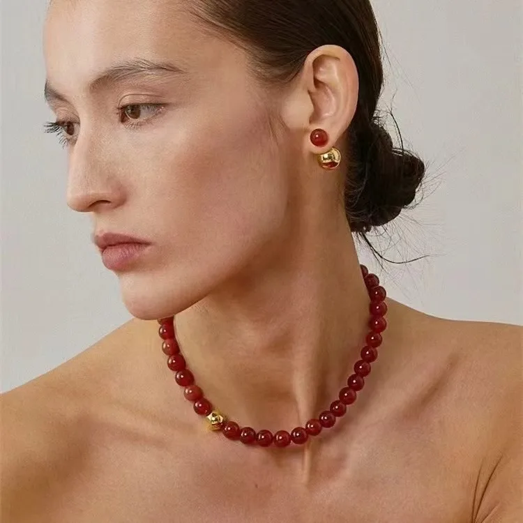 

Jenny&dave Red Agate Gold Ball Bead Commuting Retro Lock Bracelet Necklace Jewelry Necklace Necklaces For Women