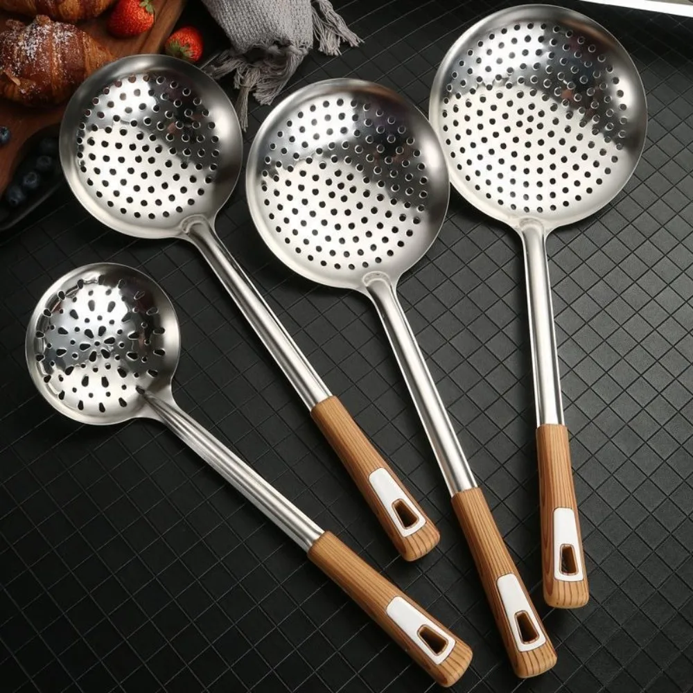 Thickened Stainless Steel Colander Filter Spoon Multifunctional Oval Oil Skimmer Scoop Long Handle Ramen Scoop Kitchen Utensils