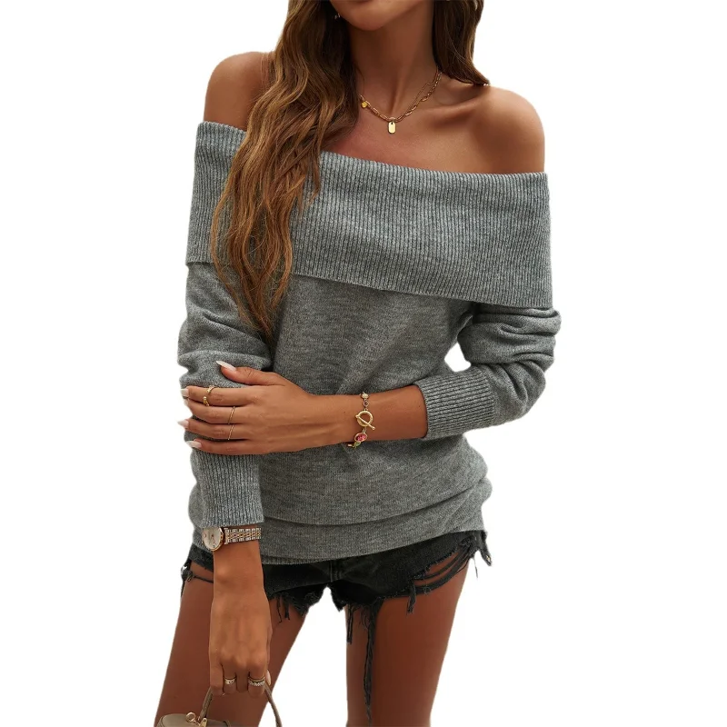 

2024 Autumn and Winter Tops for Women's Temperament Casual Solid Color Pullover One-shoulder Sweater